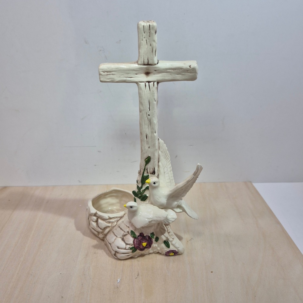 Vintage Ceramic Religious Cross Figurine with Doves and Flowers Holy Water Font